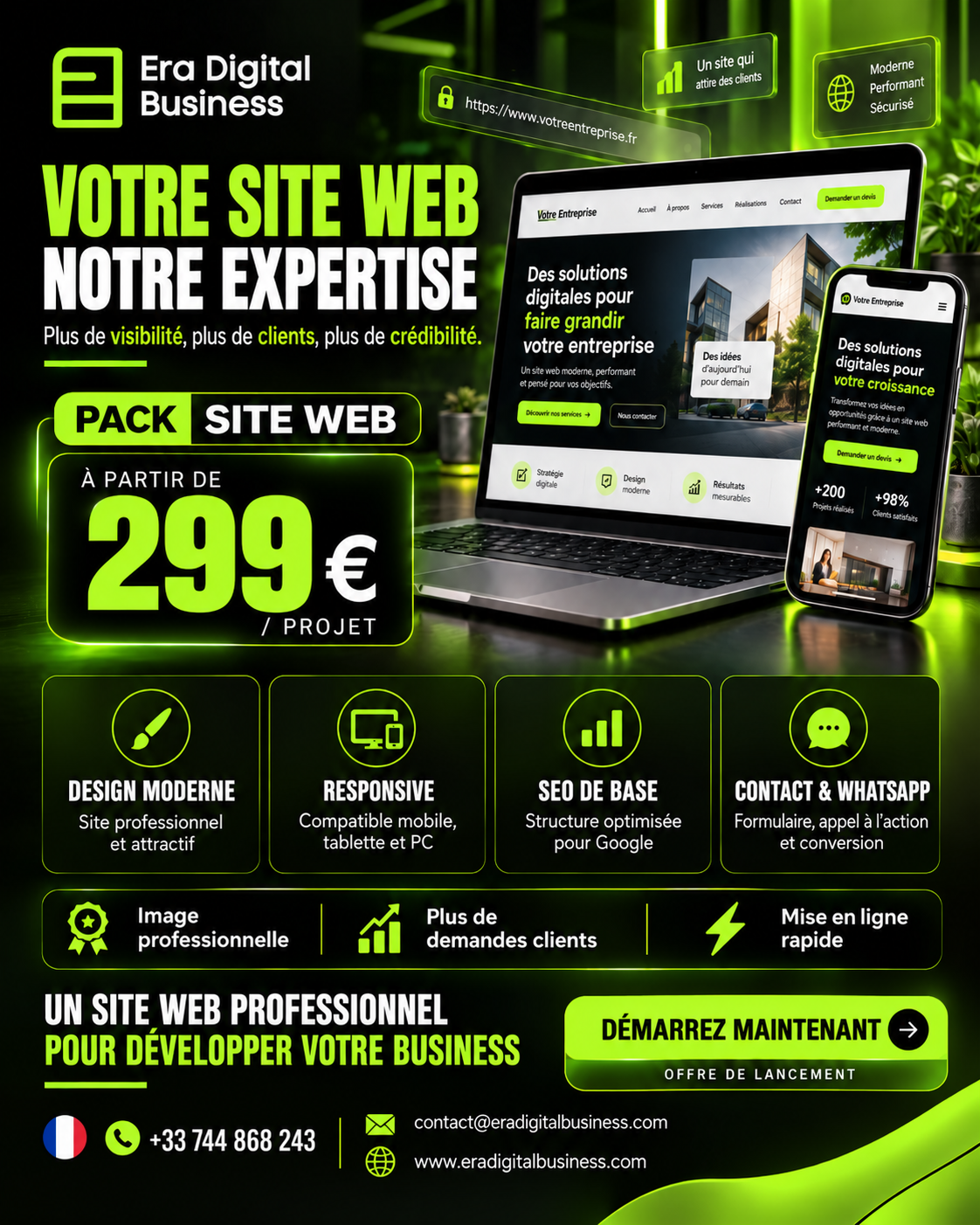 Offre Pack Site Web Era Digital Business, à partir de 299 euros par projet, design moderne, responsive, SEO de base et contact WhatsApp